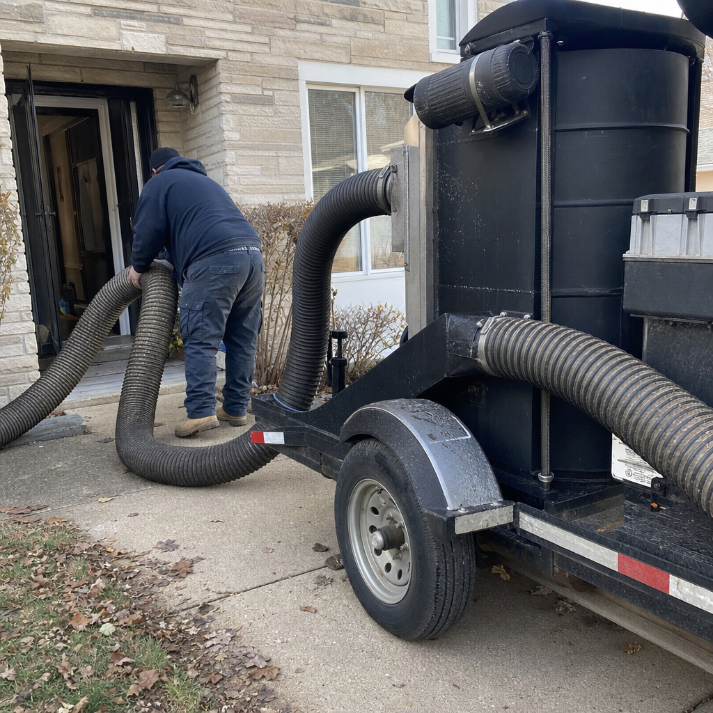 Technician using heavy-duty vacuum equipment for residential air duct cleaning