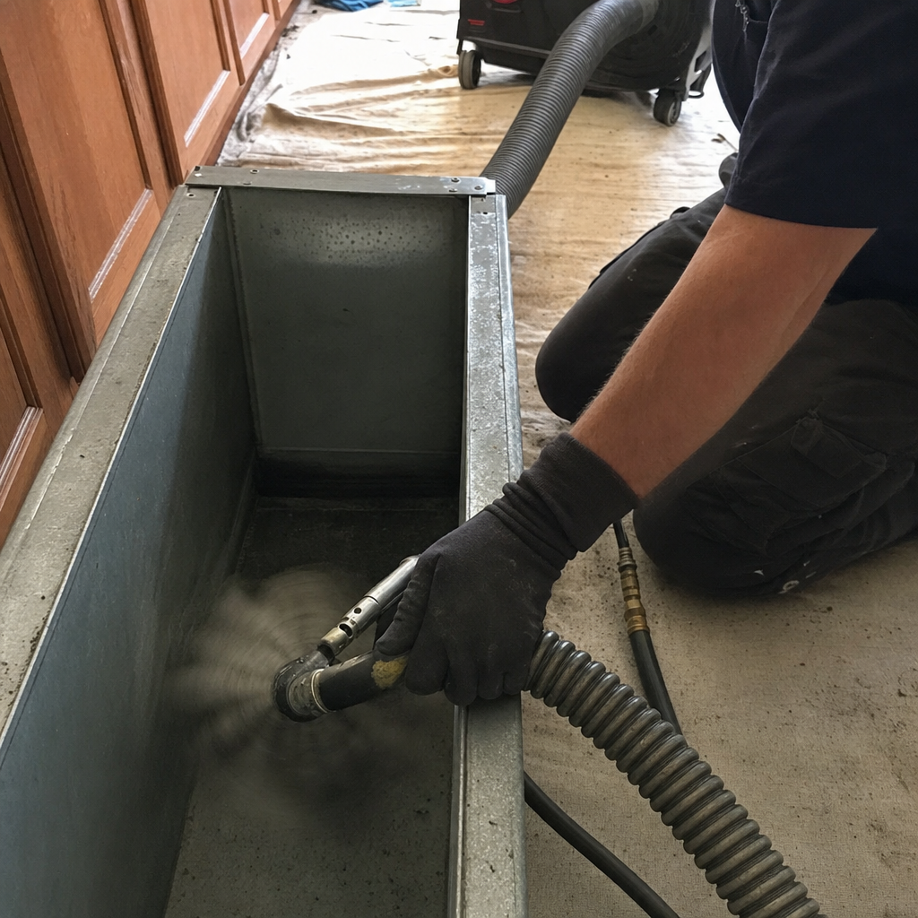 Technician using professional tools to perform thorough residential air duct cleaning