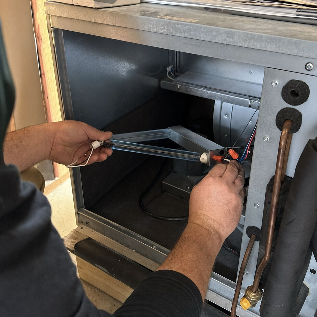 Technician installing HVAC UV light air purification system in Chicago, IL