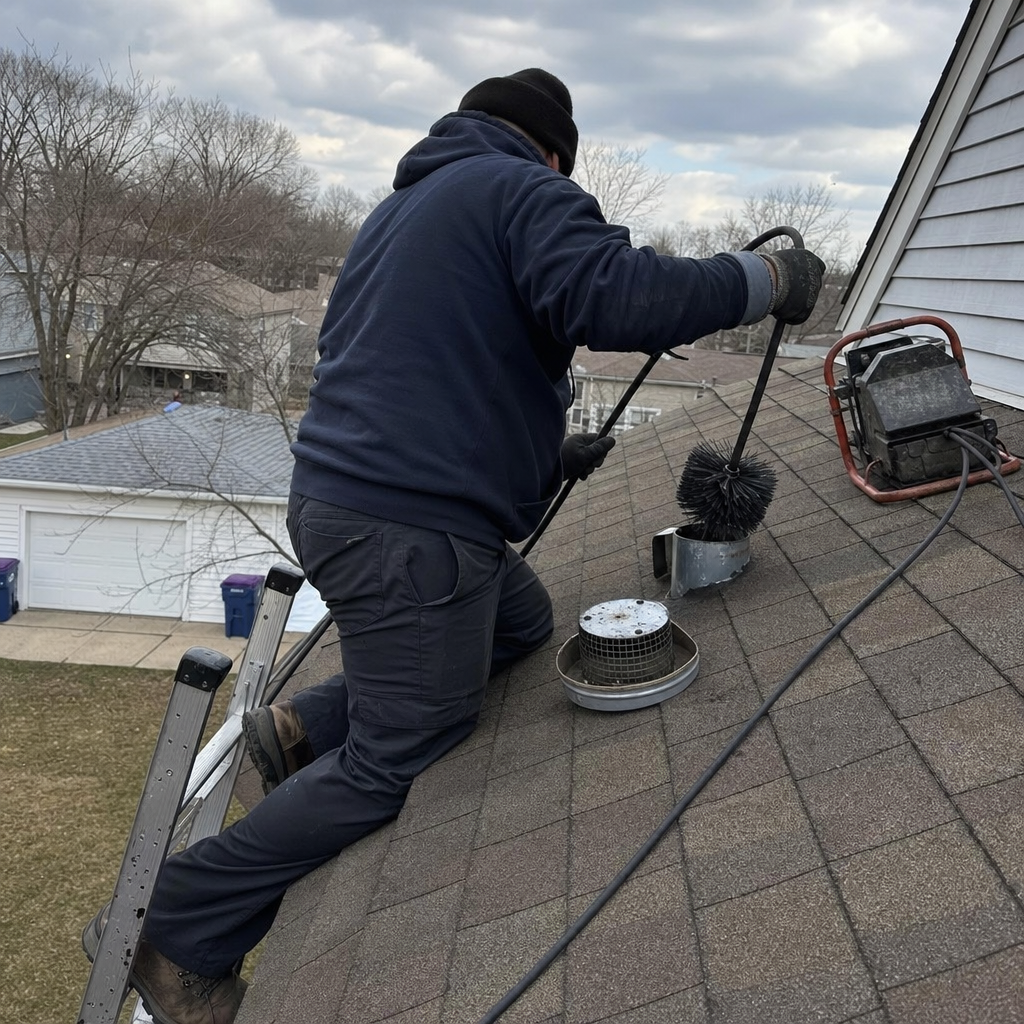 Professional technician performing dryer vent cleaning from a residential roof