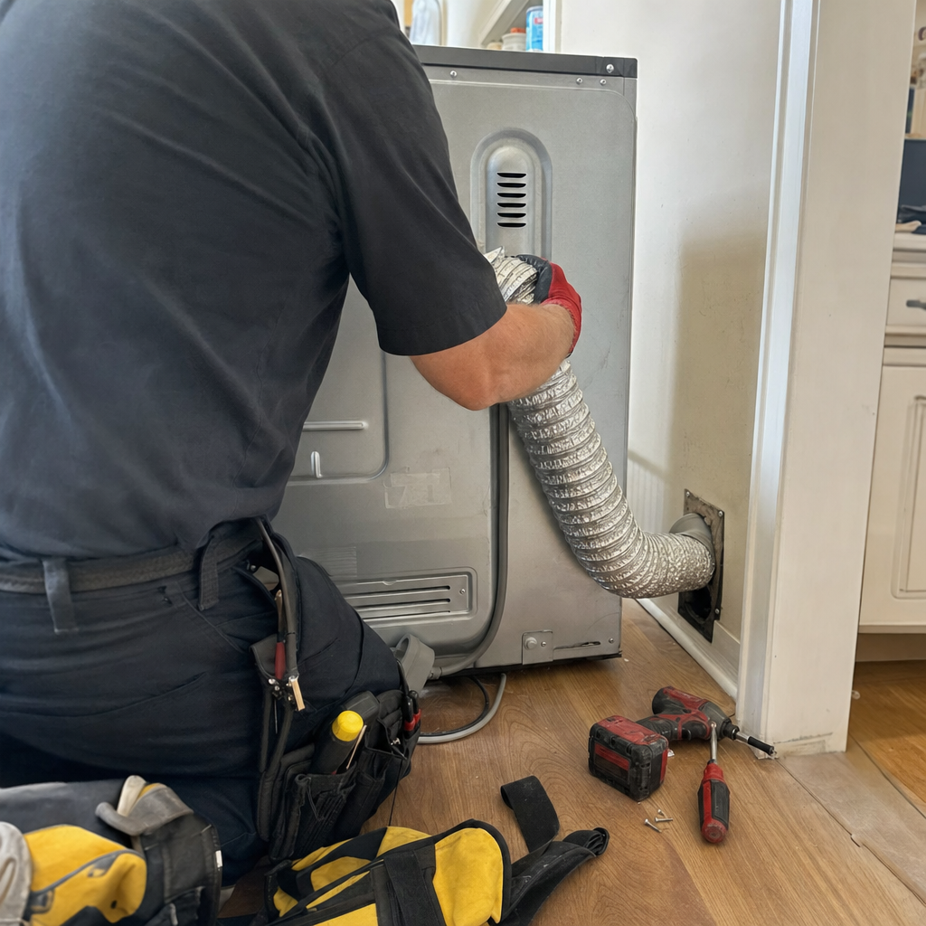 Technician connecting a flexible dryer vent hose to a wall duct