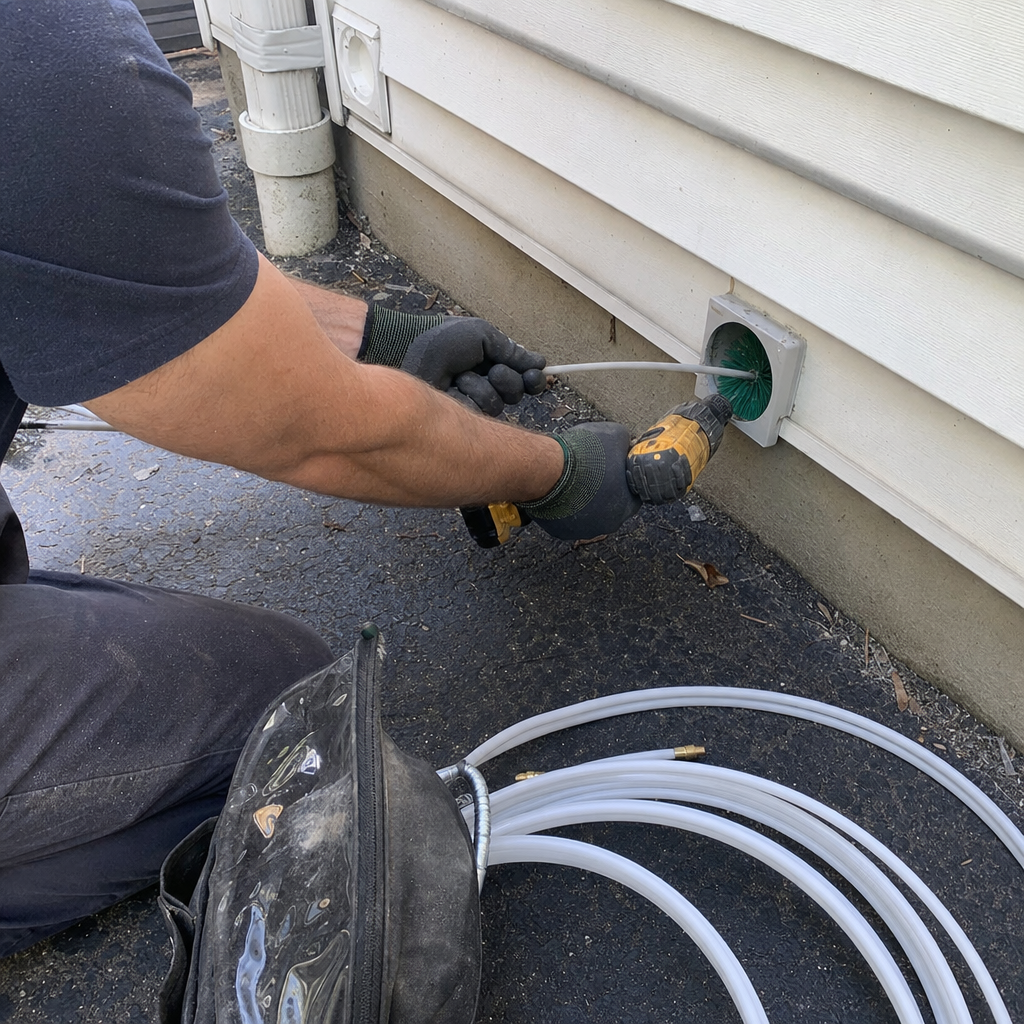 Technician using a rotary brush drill to clean an exterior dryer vent
