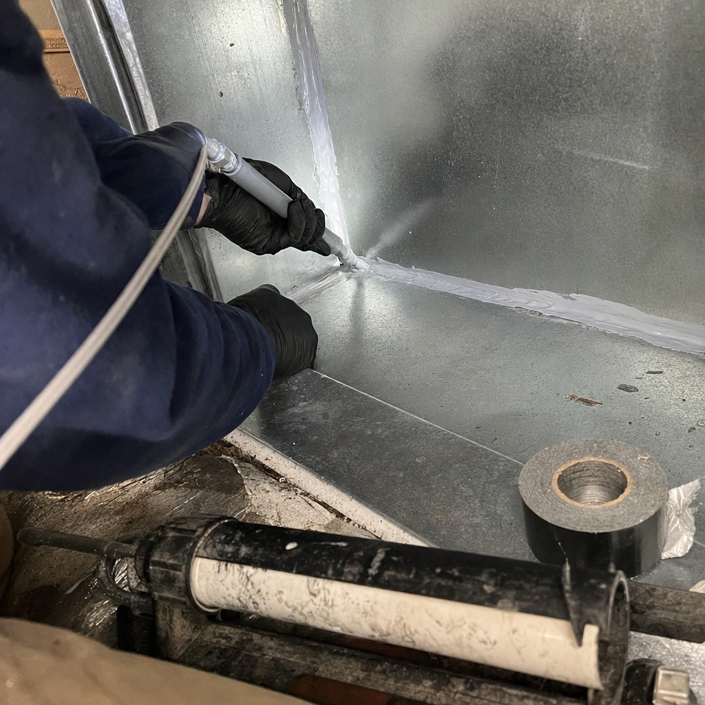 Technician performing professional duct sealing with mastic sealant on metal air ducts in Chicago, IL
