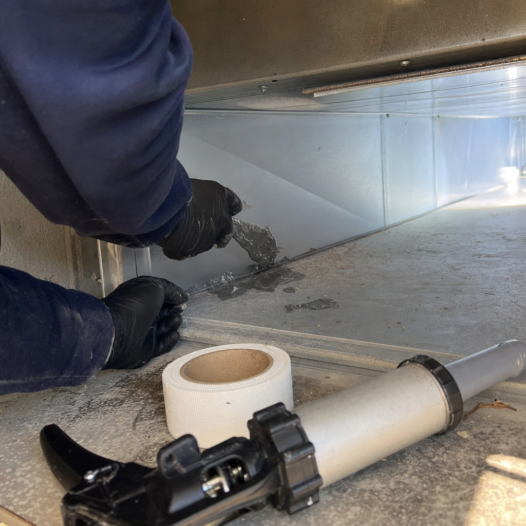 HVAC technician applying sealant to metal air duct joints in Chicago, IL