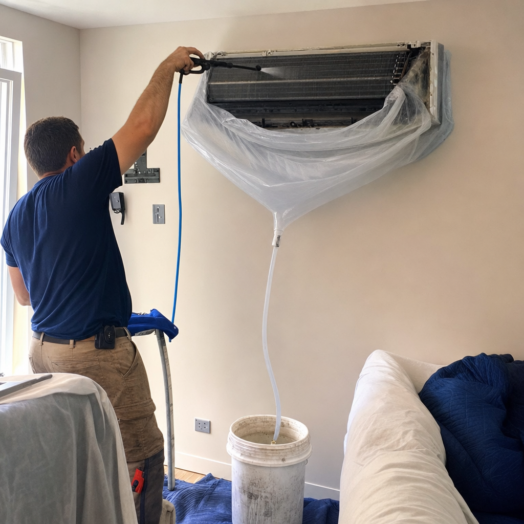 HVAC technician deep cleaning residential wall mounted air conditioning unit