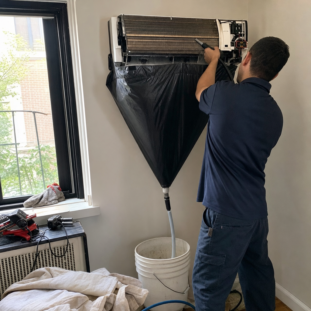 Technician performing professional wall-mounted HVAC cleaning and maintenance service
