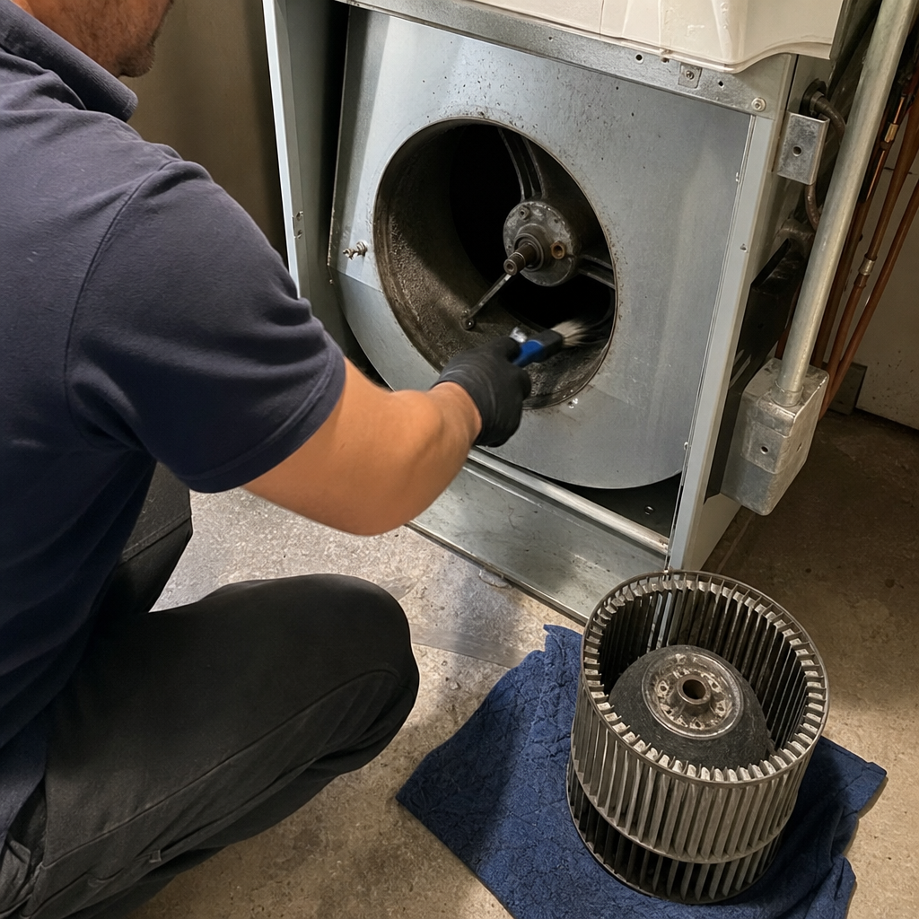 HVAC technician cleaning an air conditioning blower unit and assembly